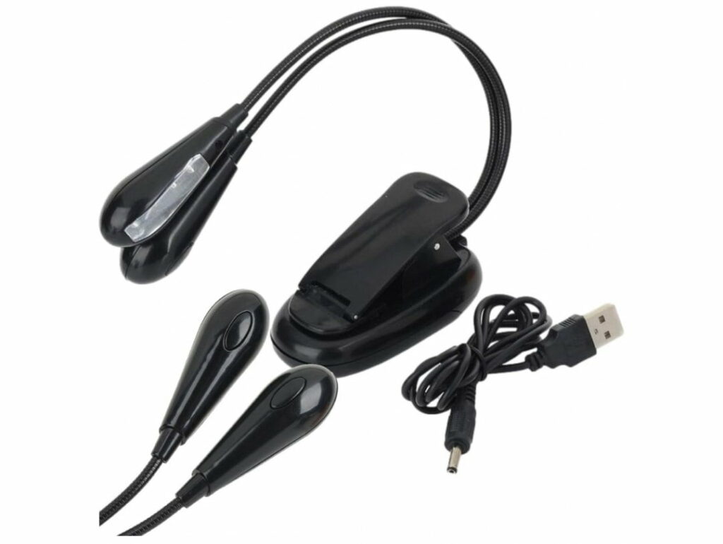 Lampe med klips, 4 LED musikkleser, dobbel klips